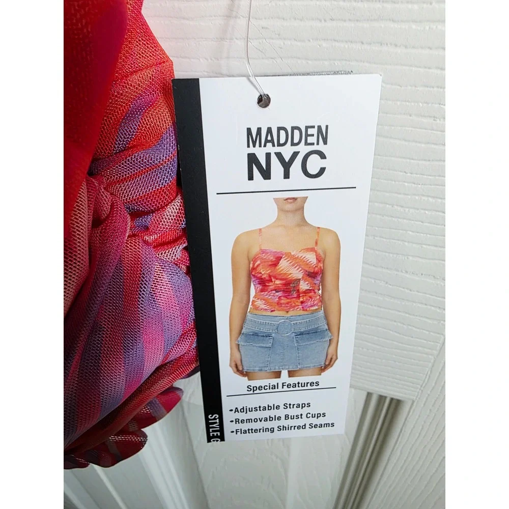 Madden NYC M Pink Orange Tropical Mesh Shirred Bustier Crop Top Medium NWT